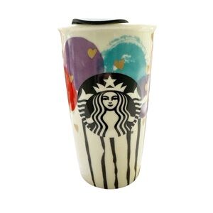 Starbucks 2016 Valentine Balloons Hearts Double Wall Ceramic Tumbler Lid 12 Oz
